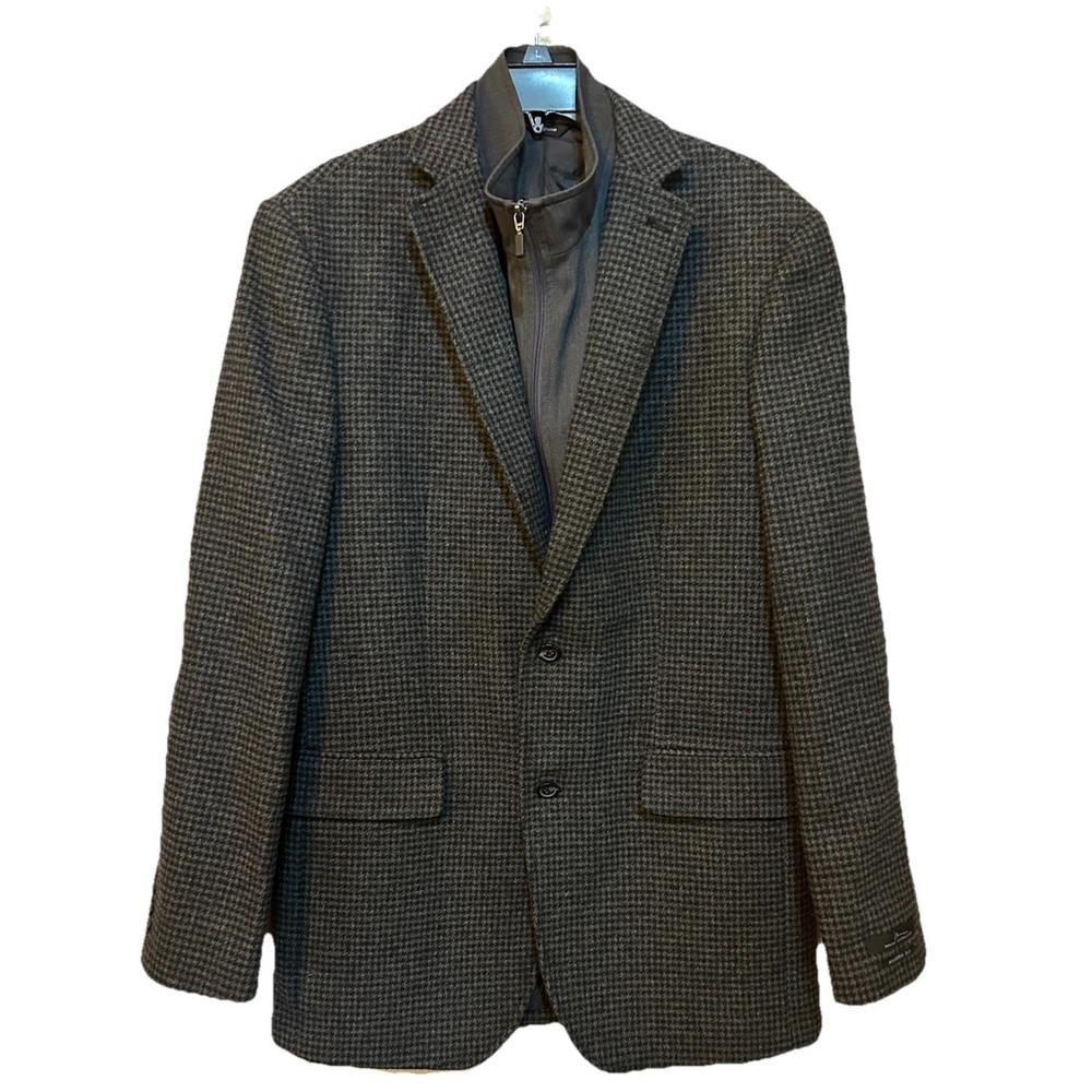 Marc Anthony Peacoat W/Bib Black Gray Houndstooth Mens 40L Elbow Patch